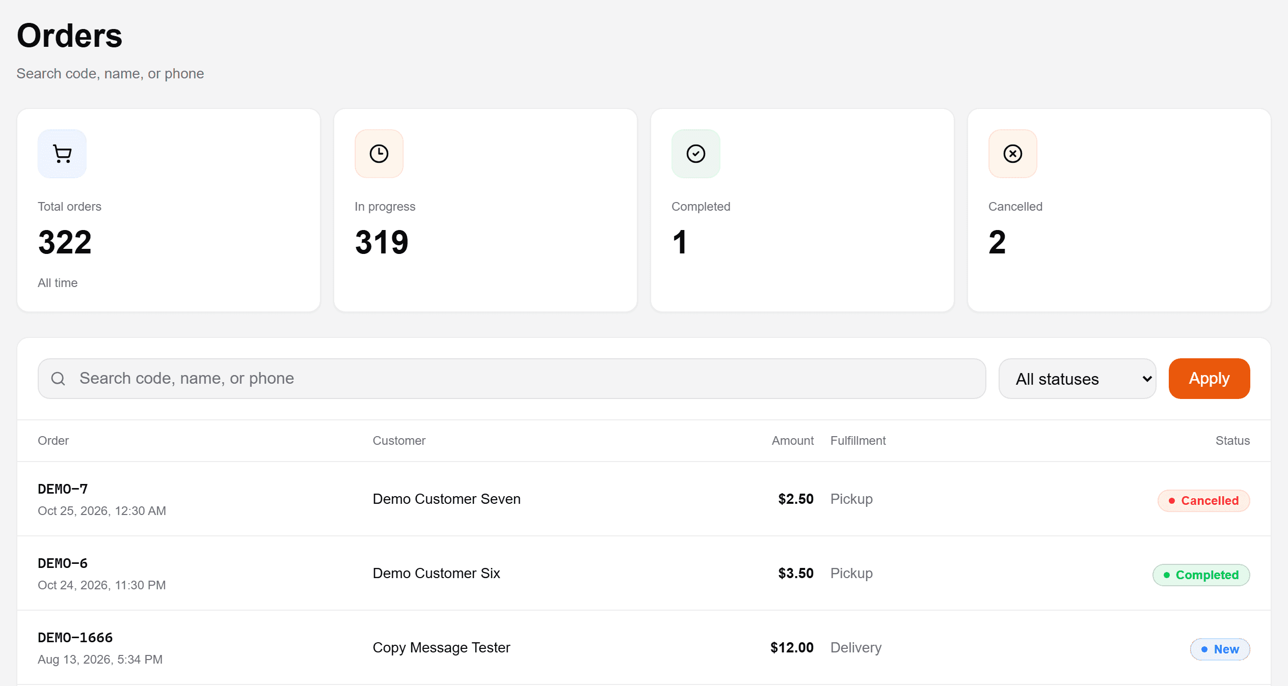 The Otloub order dashboard listing incoming orders with totals and addresses